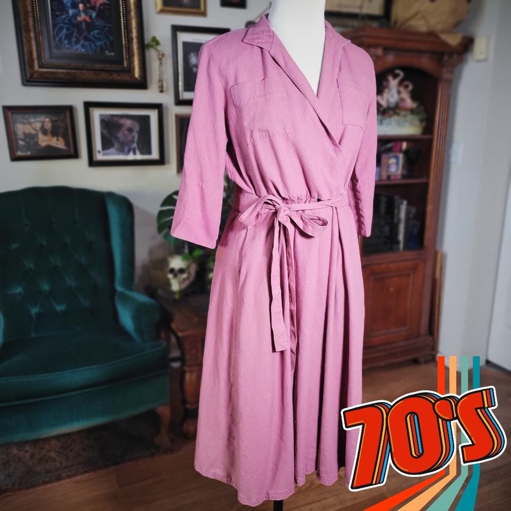 Norm‎ Thompson Wrap Dress Vintage 70s Womens Pink Collared Retro Boho S/M